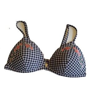 Womens Swimwear Top Large Black & White Check Print W/ Floral Detail Padded Bust